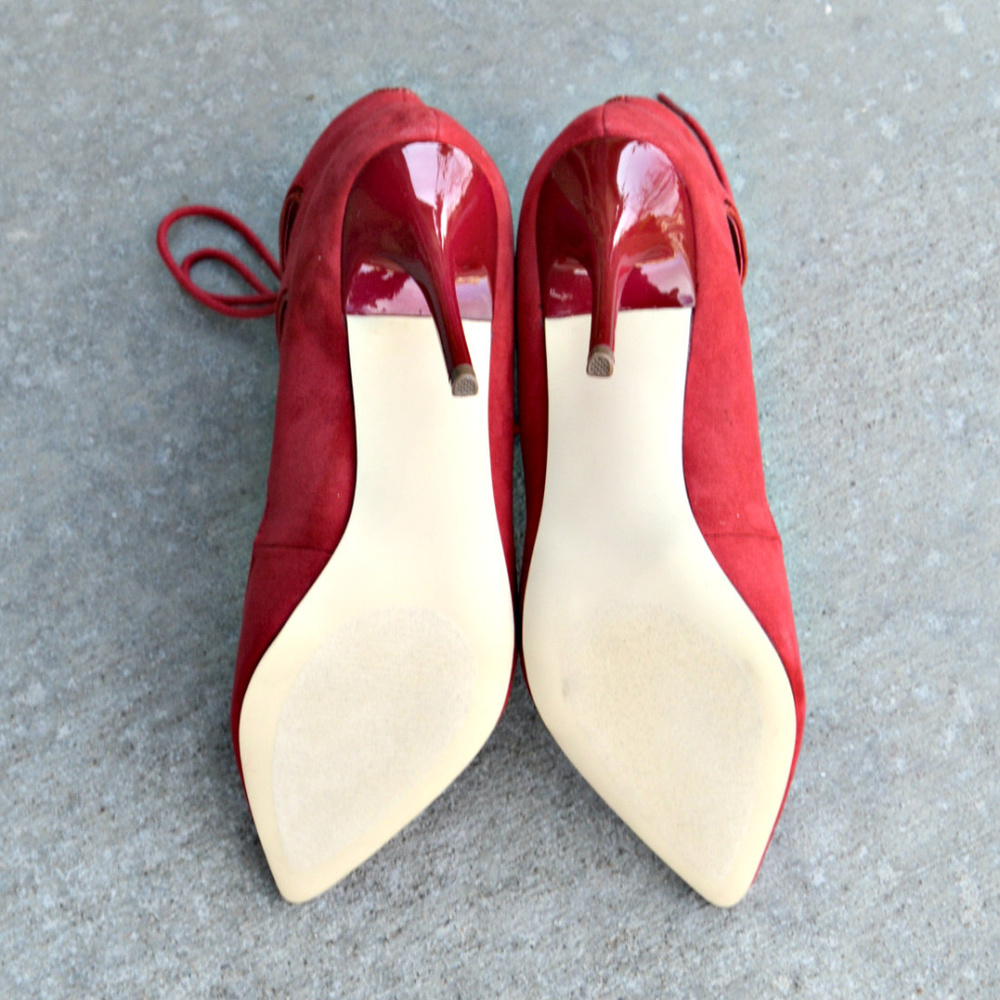 Shoedazzle Party Dress Pointed Toe Lace Up Cut Out Red Booties Stiletto Heels - Picture 7 of 7
